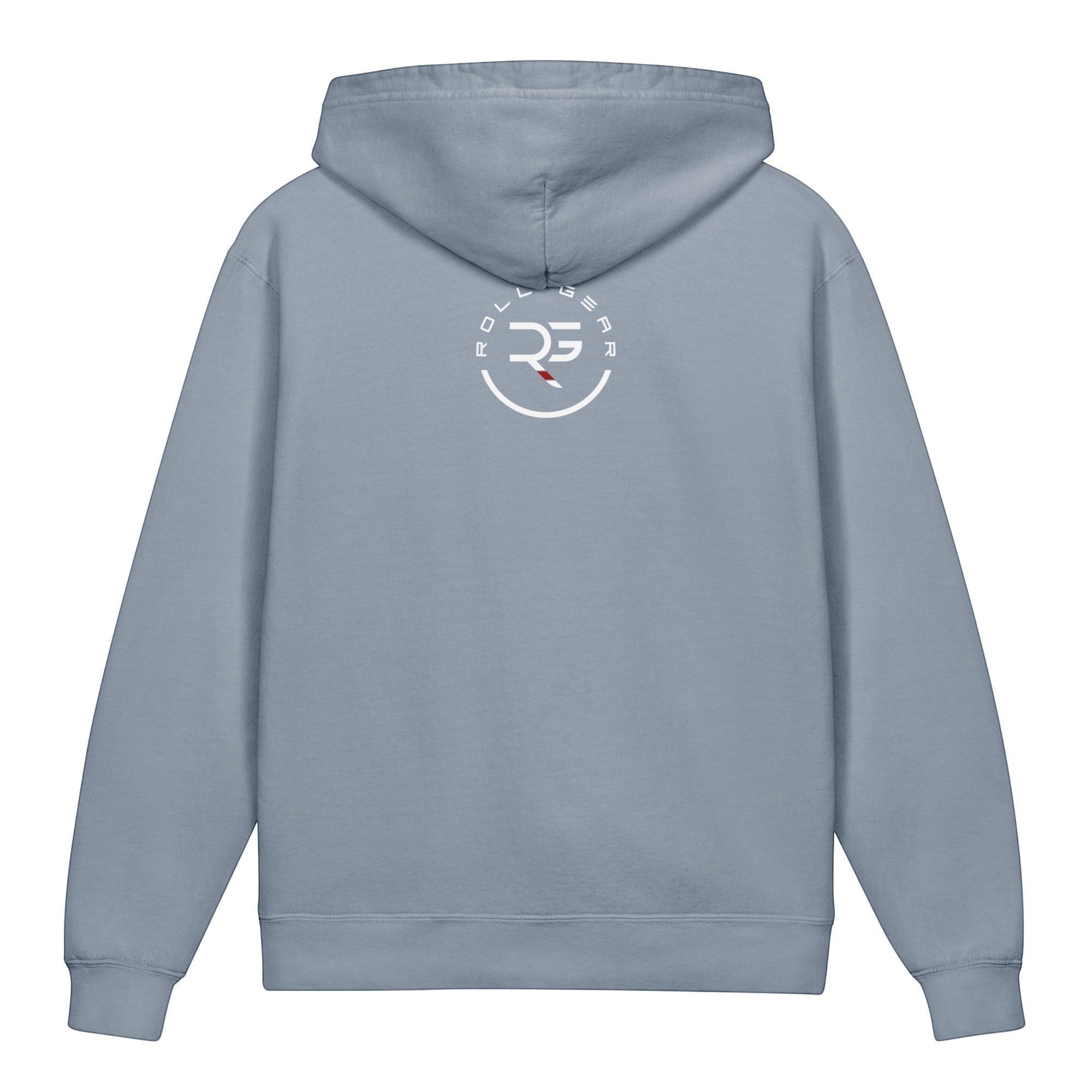 Roll Gear youth hoodie in light blue, 100% cotton, lightweight with a relaxed fit and a graphic on the back.