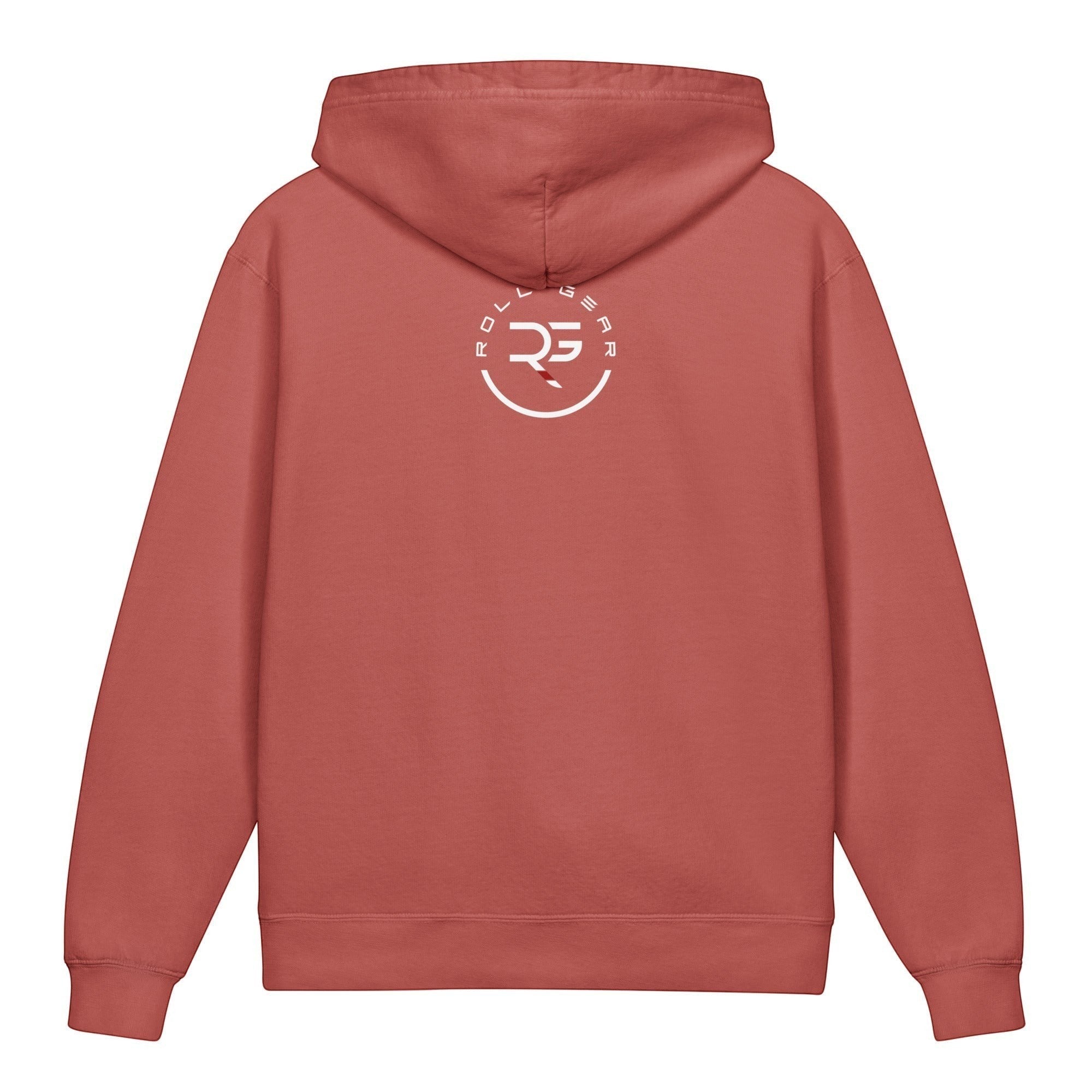 Roll Gear youth hoodie in faded red, 100% cotton, lightweight with a relaxed fit and a graphic logo on the back.