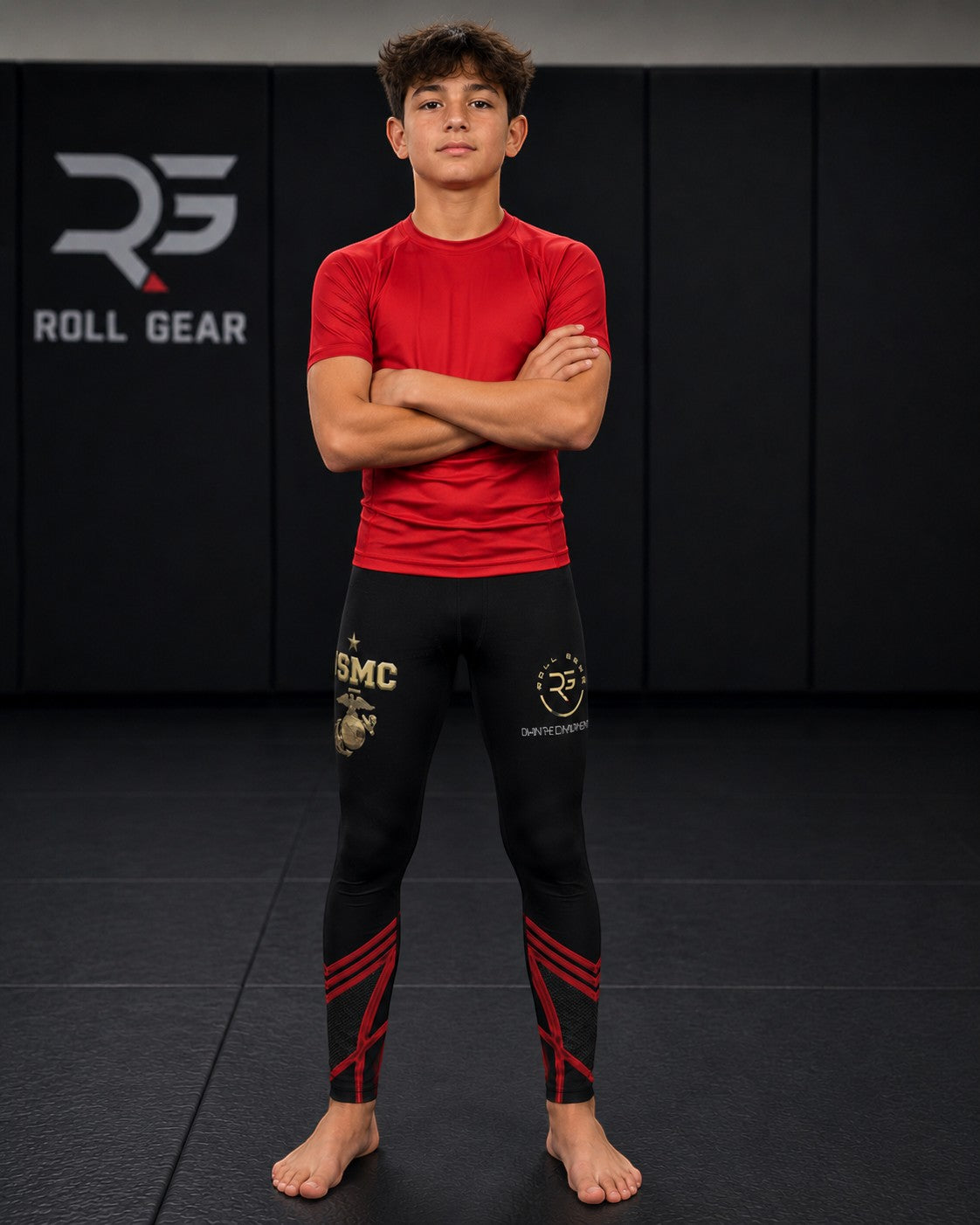 Roll Gear Youth Marines Dress Blues Compression Spats: black, red, gold USMC graphics, four-way stretch fabric.