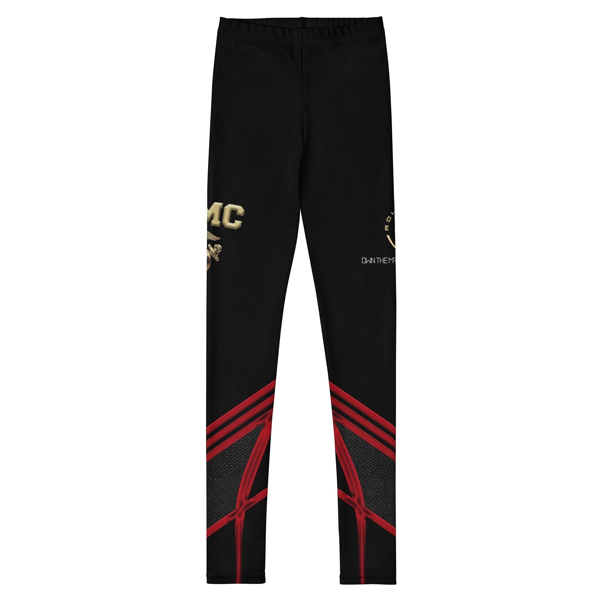 Roll Gear Youth Marines Dress Blues compression spats in black with red chevron leg patterns and gold USMC graphics.