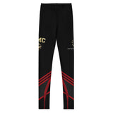 Roll Gear Youth Marines Dress Blues compression spats in black with red chevron leg patterns and gold USMC graphics.