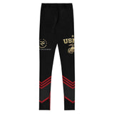Roll Gear Youth Marines Dress Blues compression spats in black with red chevron leg stripes and gold USMC graphics. Made from polyester and spandex.