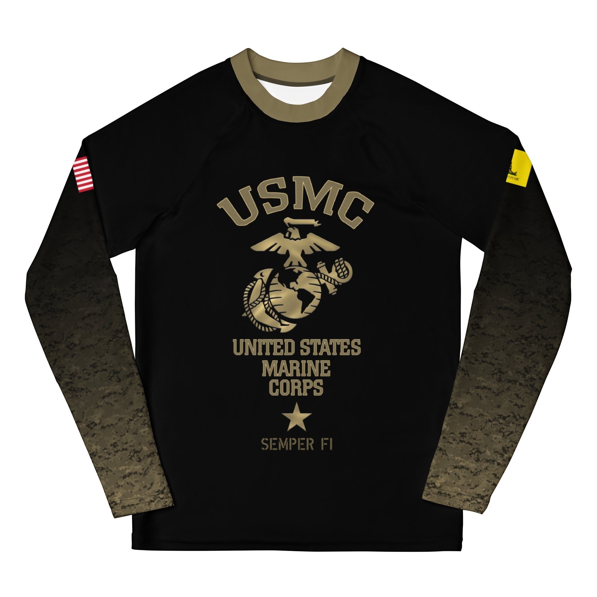 Roll Gear Youth Marines Gold military rash guard in black with faded gold sleeves and USMC emblem. Compression fit, long sleeve.