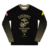 Roll Gear Youth Marines Gold military rash guard in black with faded gold sleeves and USMC emblem. Compression fit, long sleeve.