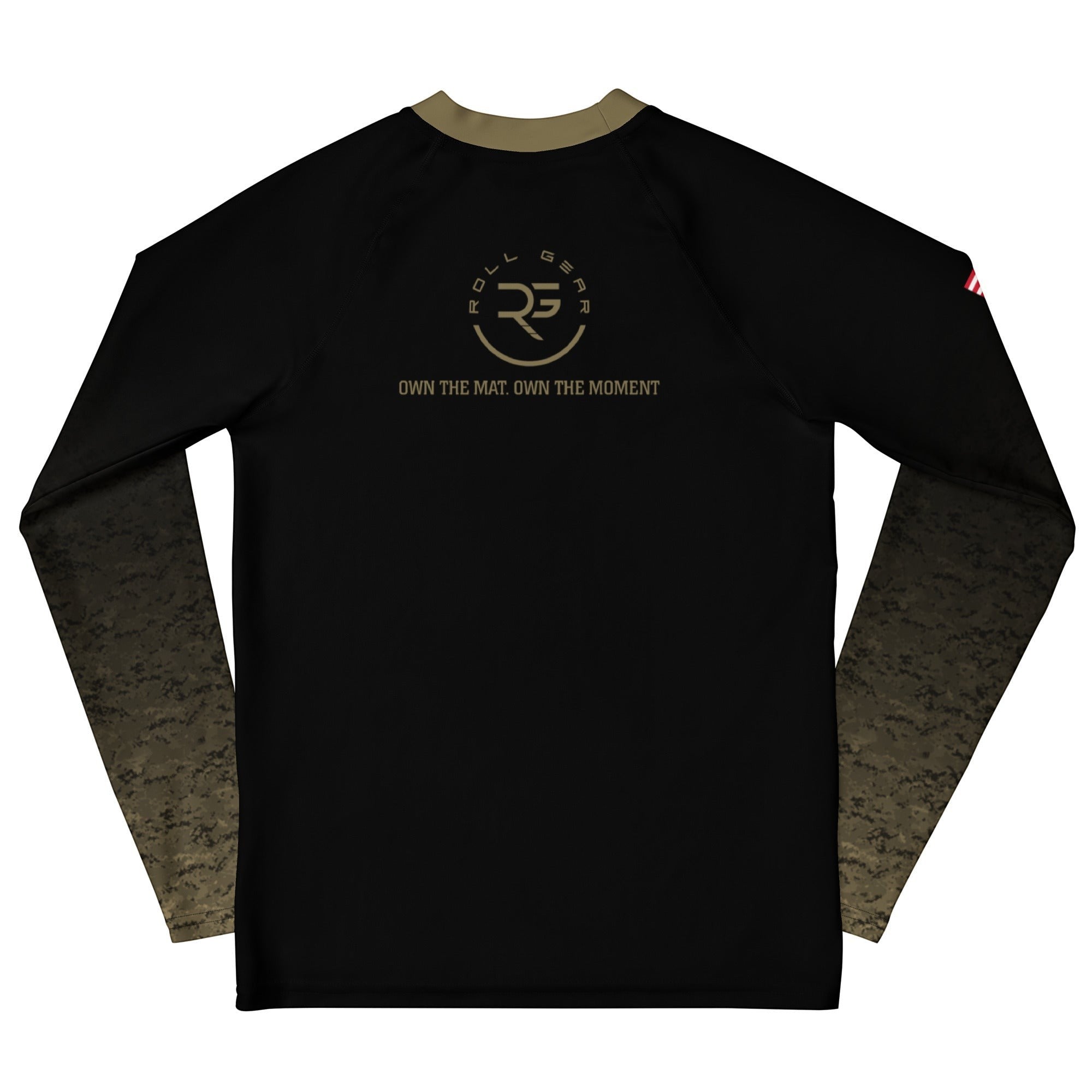 Roll Gear Youth Marines Gold military rash guard, black body with faded gold sleeves and gold emblem. Long sleeve compression fit.