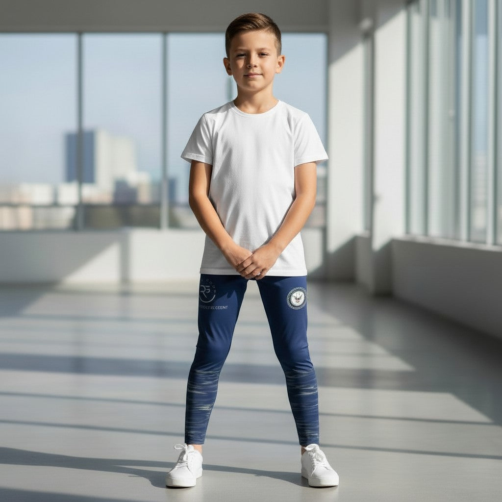 Roll Gear Youth Navy Compression Spats with ocean camo fade, polyester-spandex blend, ideal for BJJ, wrestling, MMA, judo, gymnastics.