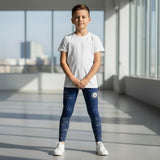 Roll Gear Youth Navy Compression Spats with ocean camo fade, polyester-spandex blend, ideal for BJJ, wrestling, MMA, judo, gymnastics.