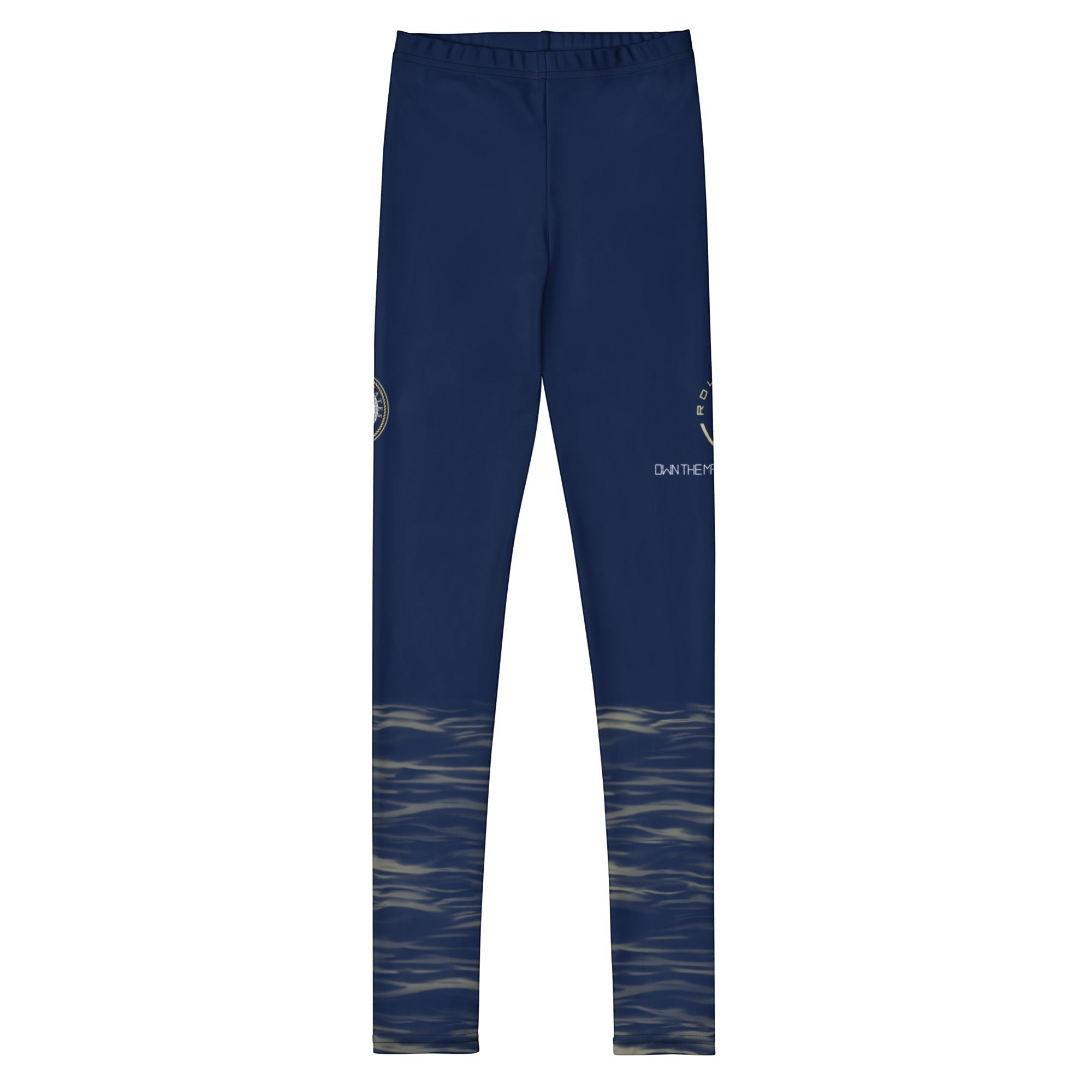 Roll Gear Youth Navy Compression Spats with ocean camo fade at the lower legs. Polyester/spandex blend.