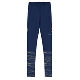 Roll Gear Youth Navy Compression Spats with ocean camo fade at the lower legs. Polyester/spandex blend.