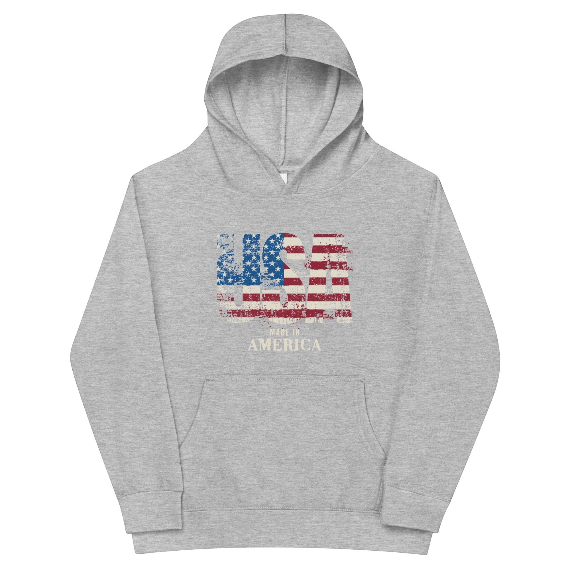 Roll Gear Youth grey cotton blend hoodie with distressed USA flag graphic and "Made in America" text.