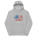 Roll Gear Youth grey cotton blend hoodie with distressed USA flag graphic and "Made in America" text.
