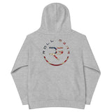 Roll Gear youth grey performance hoodie with distressed USA flag logo on back. 65% cotton, 35% polyester.