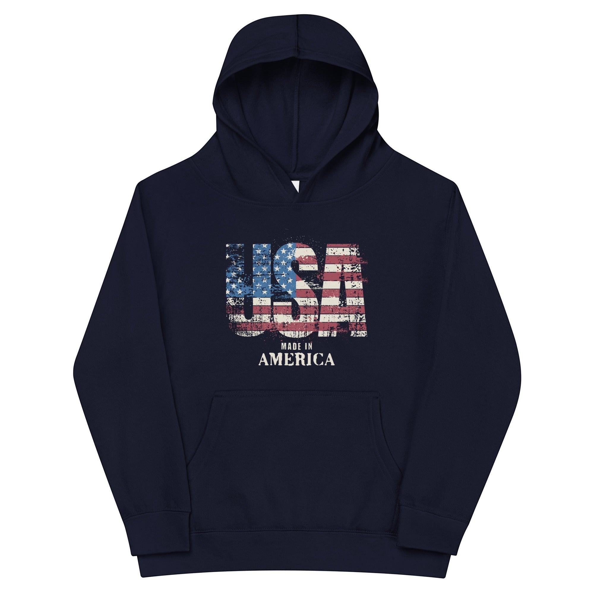 Roll Gear youth navy blue performance hoodie with distressed USA flag graphic and "MADE IN AMERICA" text.