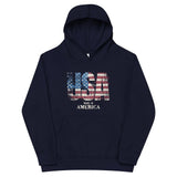 Roll Gear youth navy blue performance hoodie with distressed USA flag graphic and "MADE IN AMERICA" text.