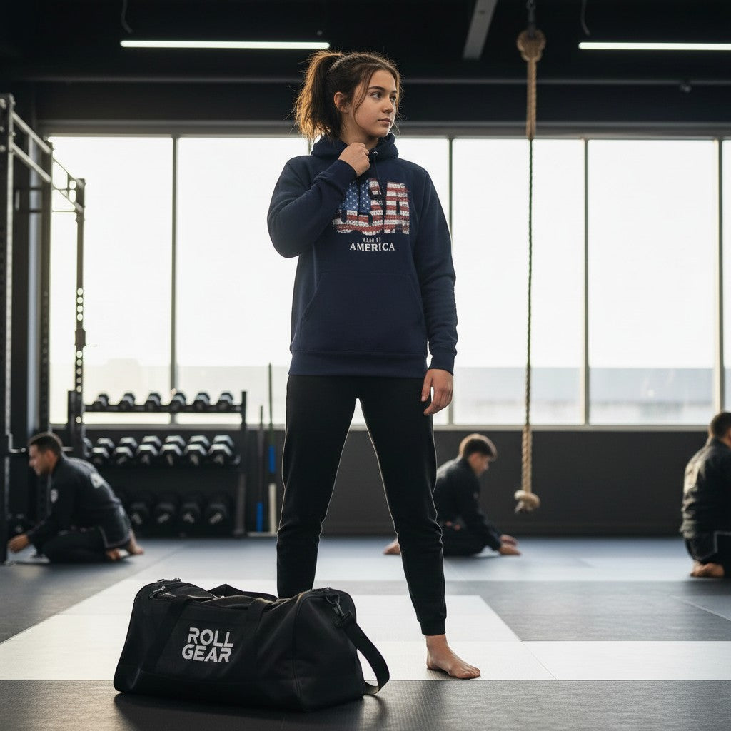 Roll Gear navy blue youth performance hoodie with USA flag graphic, 65% cotton, 35% polyester.
