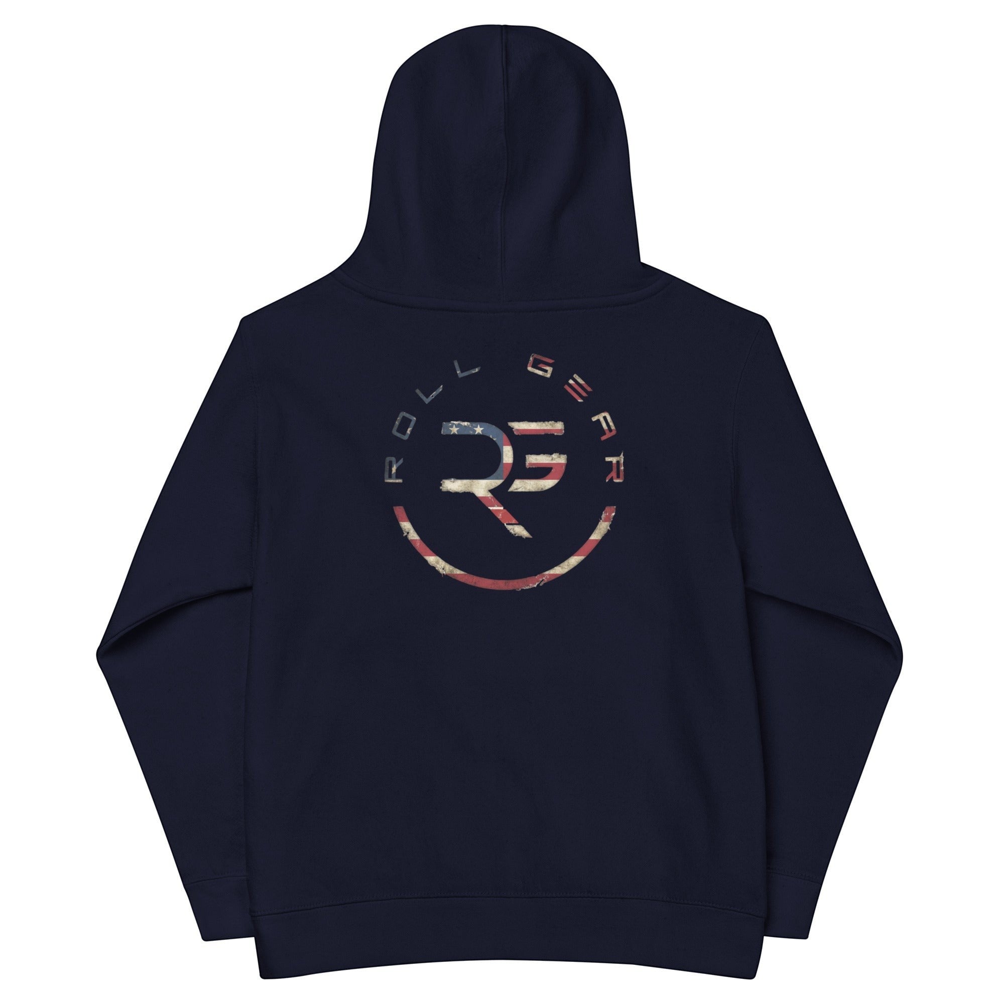 Roll Gear youth navy blue performance hoodie with distressed USA flag graphic and circular logo on back. 65% cotton, 35% polyester.