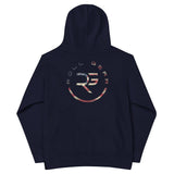 Roll Gear youth navy blue performance hoodie with distressed USA flag graphic and circular logo on back. 65% cotton, 35% polyester.