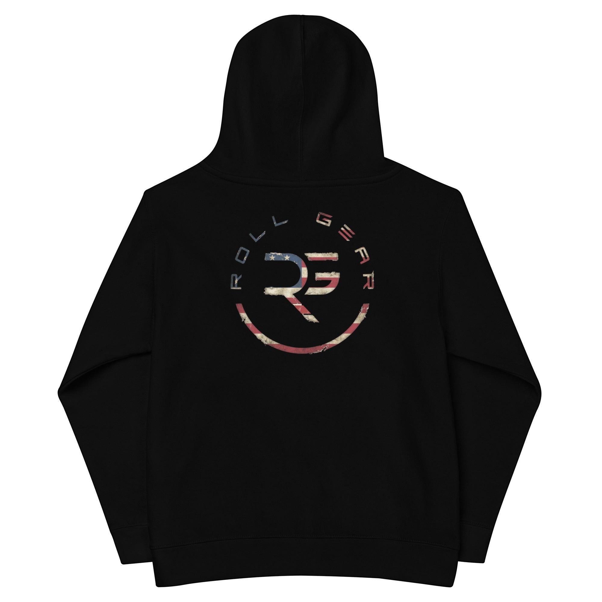 Roll Gear black youth performance hoodie with distressed USA flag graphic and circular logo on back. 65% cotton, 35% polyester.
