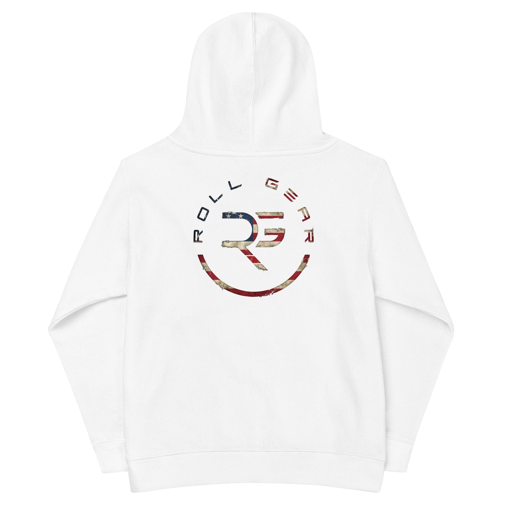 Roll Gear white youth performance hoodie with distressed USA flag graphic and circular logo on back.