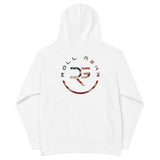 Roll Gear white youth performance hoodie with distressed USA flag graphic and circular logo on back.