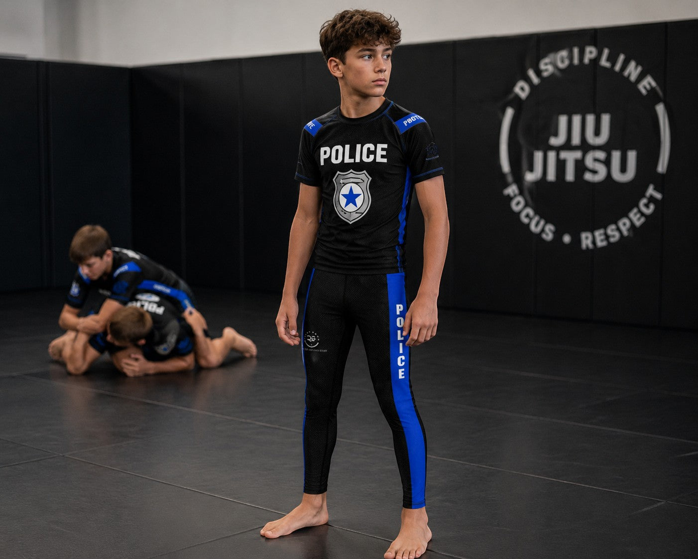 Roll Gear youth black compression spats with blue thin line panels and police graphics, made of polyester and spandex.