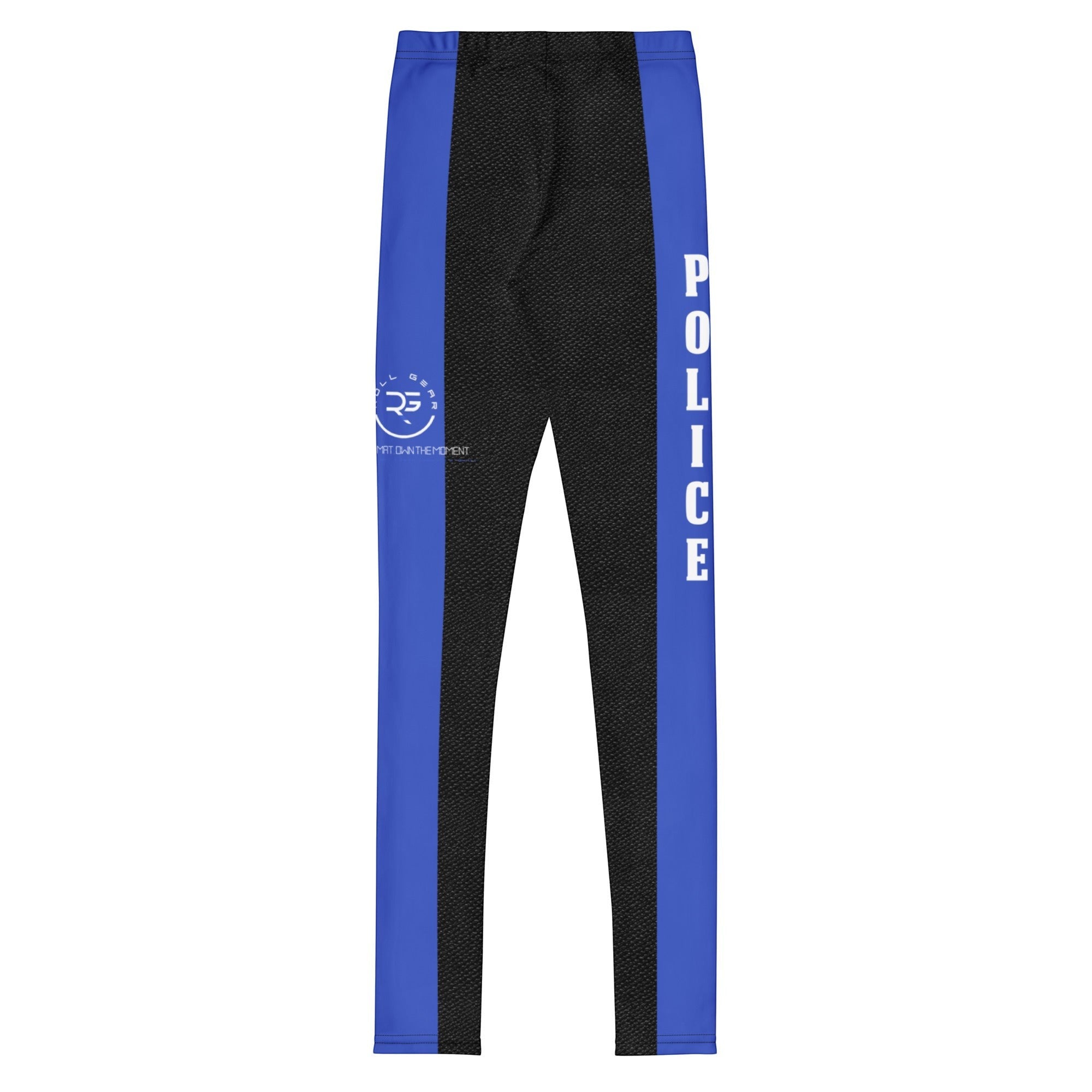 Roll Gear Youth Police Compression Spats in black with blue side panels and "POLICE" text. Made of polyester and spandex.