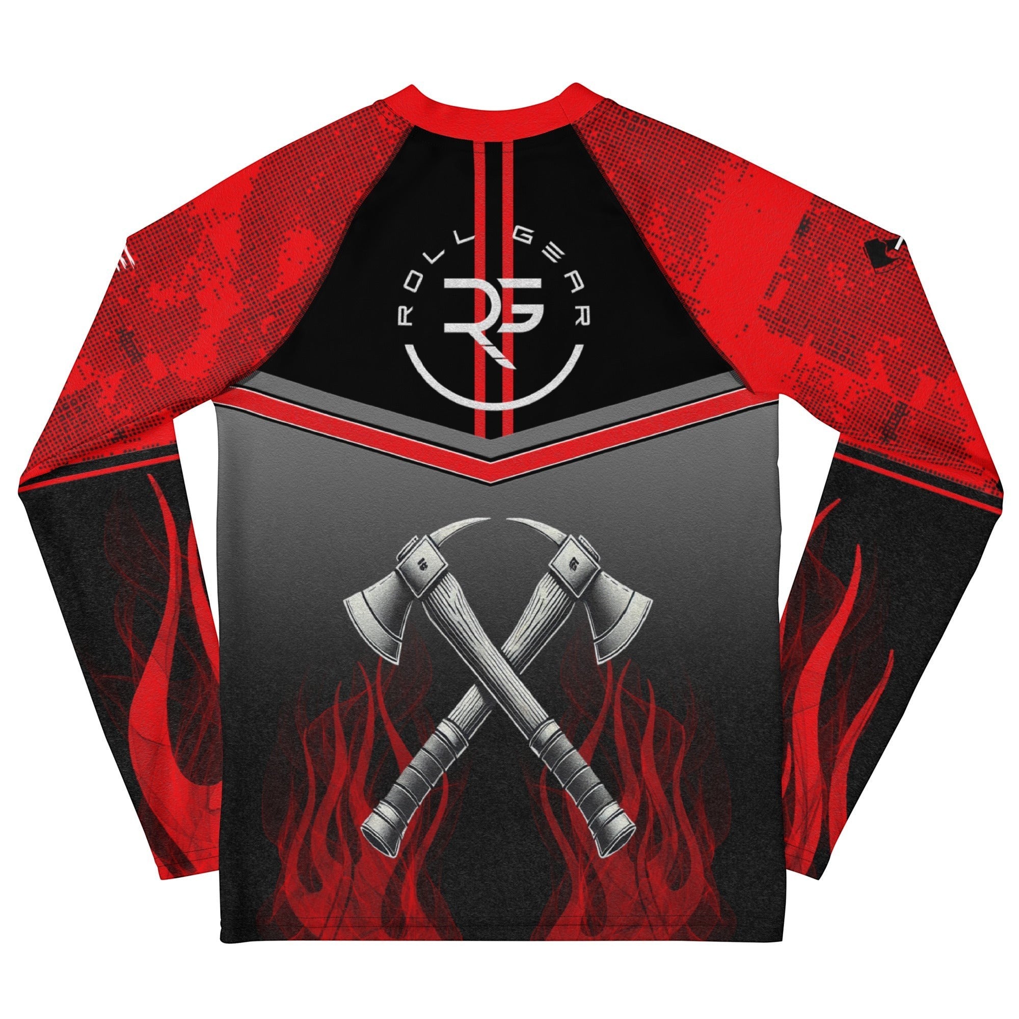 Roll Gear Youth Fire Department rash guard with red, black, and smoke grey design, featuring flame graphics and crossed axes.