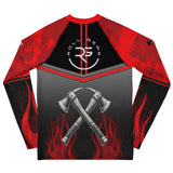 Roll Gear Youth Fire Department rash guard with red, black, and smoke grey design, featuring flame graphics and crossed axes.