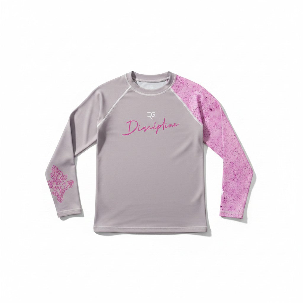 Roll Gear Girls Discipline Long Sleeve Rash Guard, flat front view, Discipline script.
