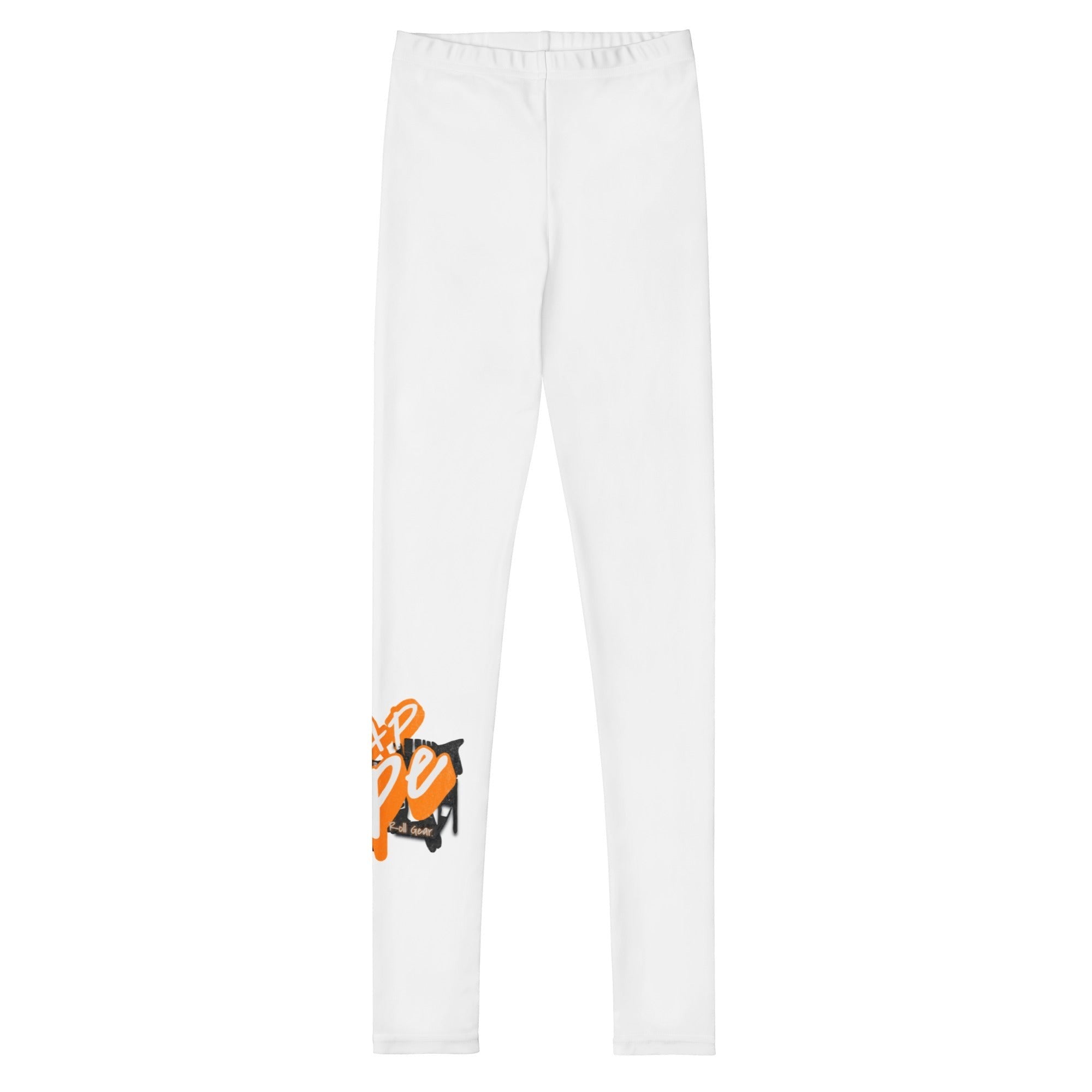 Roll Gear Tap Hype Youth BJJ Spats – Orange & White, flat front view, Tap Hype leg graphic.