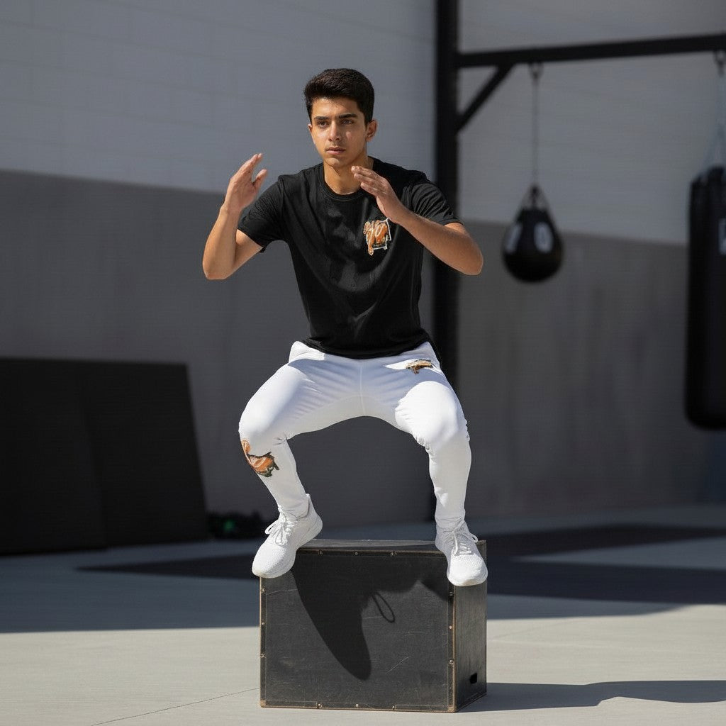 Roll Gear Tap Hype Youth BJJ Spats – Orange & White, teen boy jumping onto a plyo box.