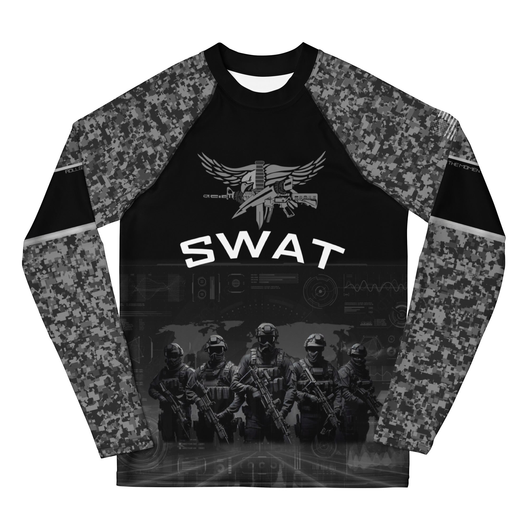 Roll Gear Youth SWAT Edition Short Sleeve Rash Guard, flat front view, SWAT chest graphic and urban camo sleeves.