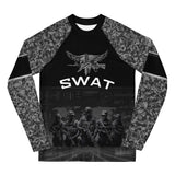 Roll Gear Youth SWAT Edition Short Sleeve Rash Guard, flat front view, SWAT chest graphic and urban camo sleeves.