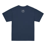 Roll Gear youth t-shirt in navy blue, 100% cotton, with a small white circular logo on the back.