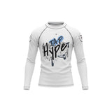 Roll Gear youth long sleeve white rash guard with blue and black 'Tap Hype' graphic and grey stitching.