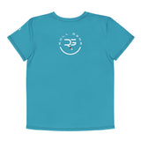 Roll Gear youth t-shirt in bright blue with circular logo on back. Soft, breathable fabric.