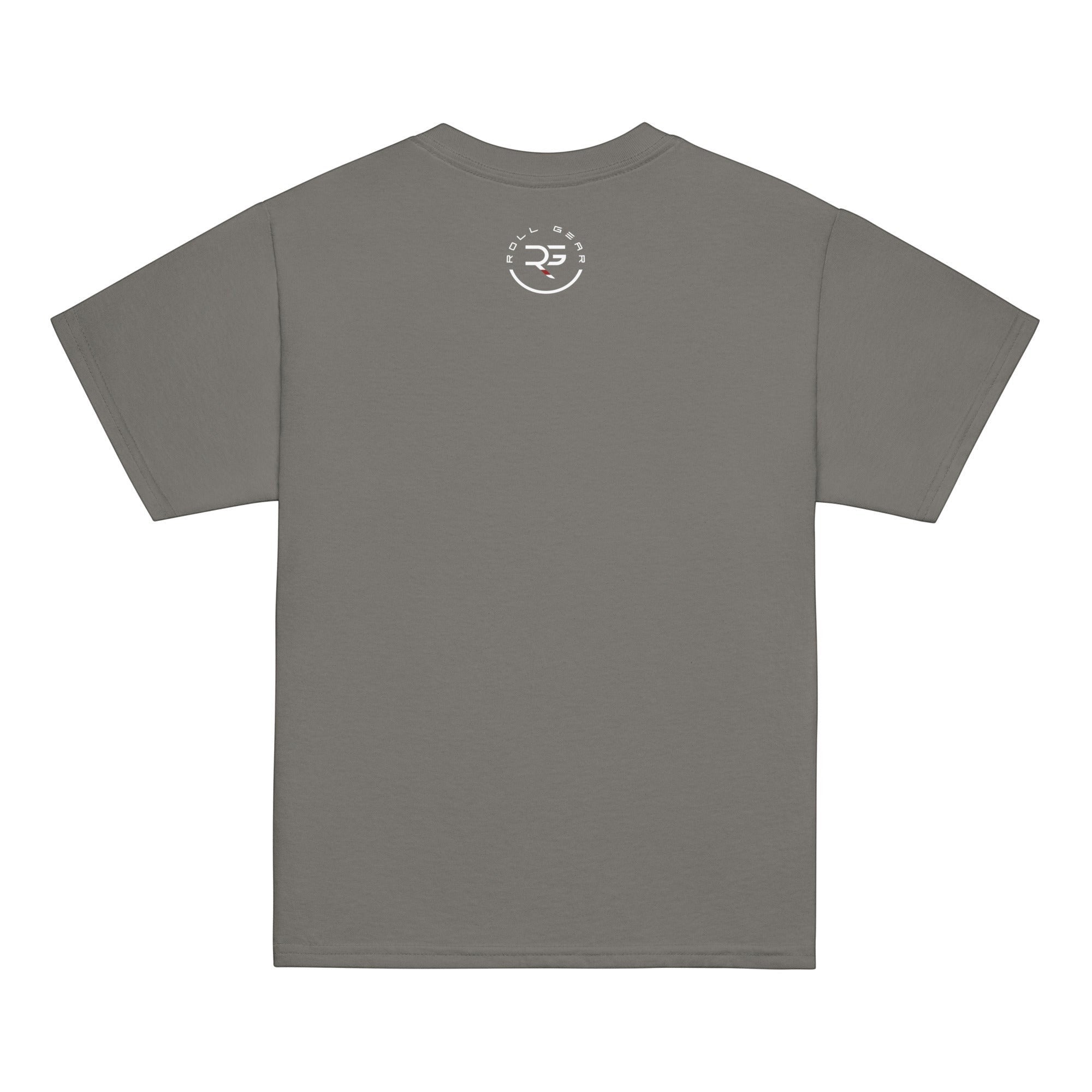 Roll Gear youth t-shirt in grey, 100% cotton, featuring a circular logo on the back.