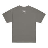 Roll Gear youth t-shirt in grey, 100% cotton, featuring a circular logo on the back.