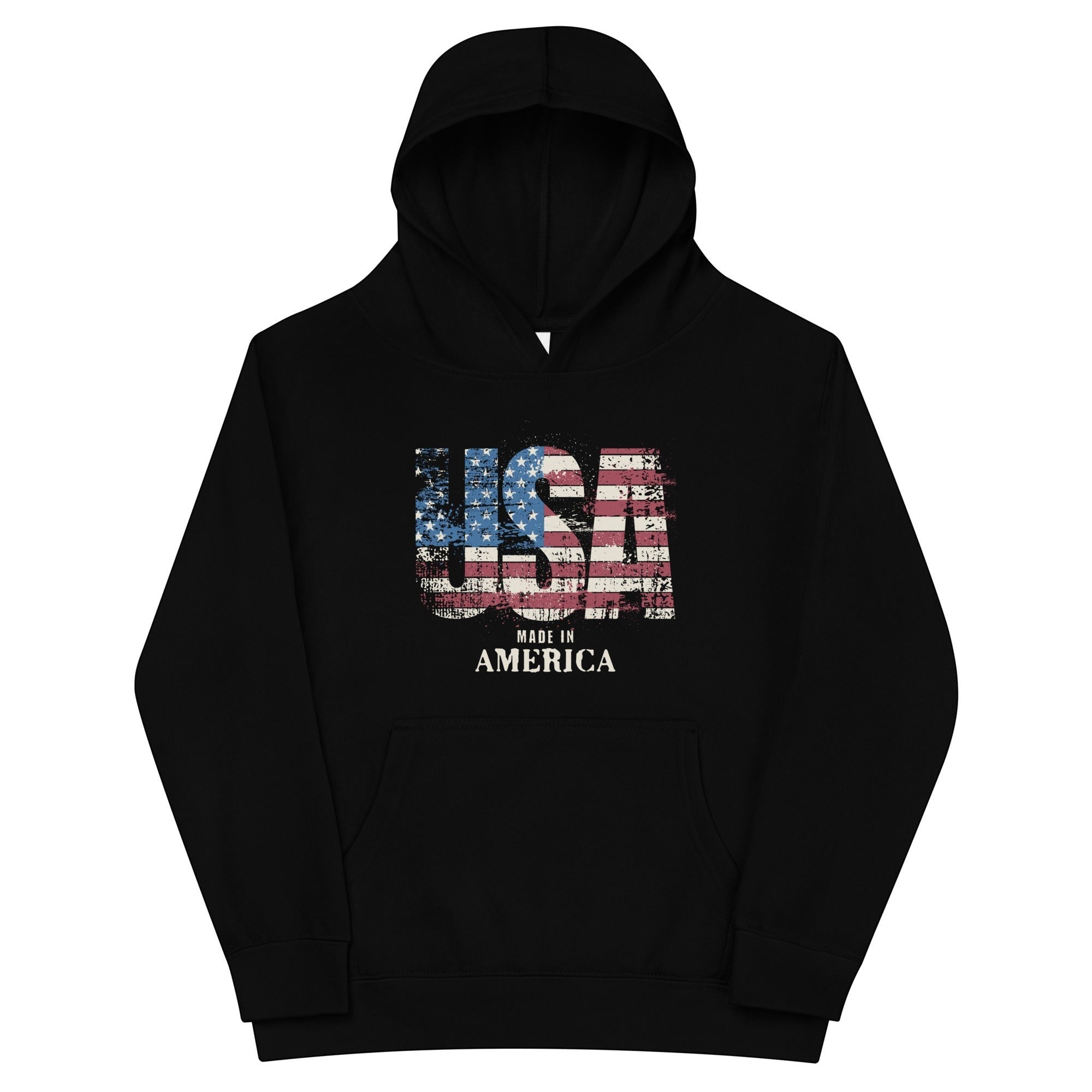 Roll Gear black youth hoodie with distressed USA flag graphic and "MADE IN AMERICA" text. 65% cotton, 35% polyester.