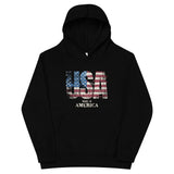 Roll Gear black youth hoodie with distressed USA flag graphic and "MADE IN AMERICA" text. 65% cotton, 35% polyester.