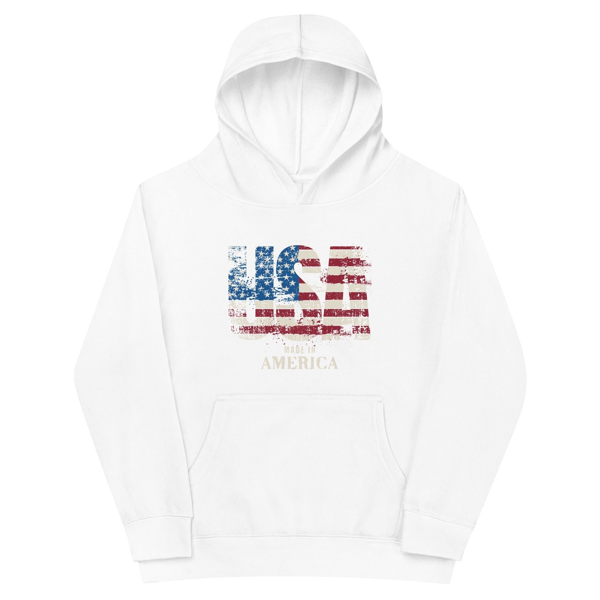 Roll Gear youth white cotton blend hoodie with distressed USA flag graphic and "MADE IN AMERICA" text.