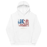 Roll Gear youth white cotton blend hoodie with distressed USA flag graphic and "MADE IN AMERICA" text.