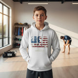 Roll Gear white youth performance hoodie with distressed USA flag graphic and "Made in America" text.