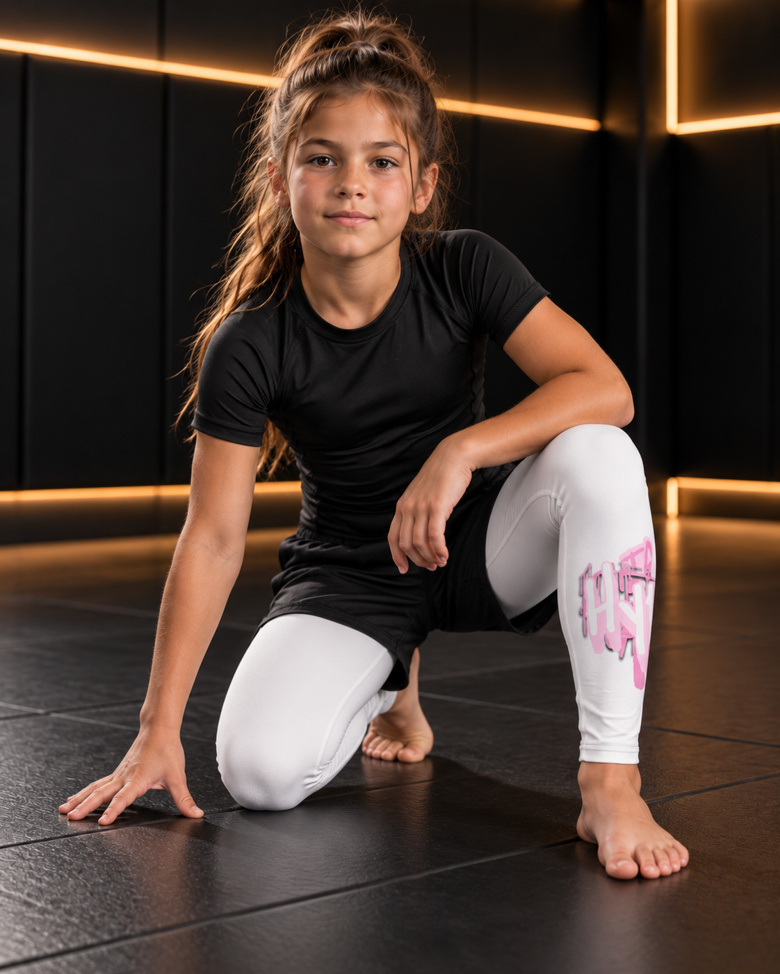 Roll Gear Tap Hype Spats – Pink & White – Girls Kids, young girl kneeling on the mat.