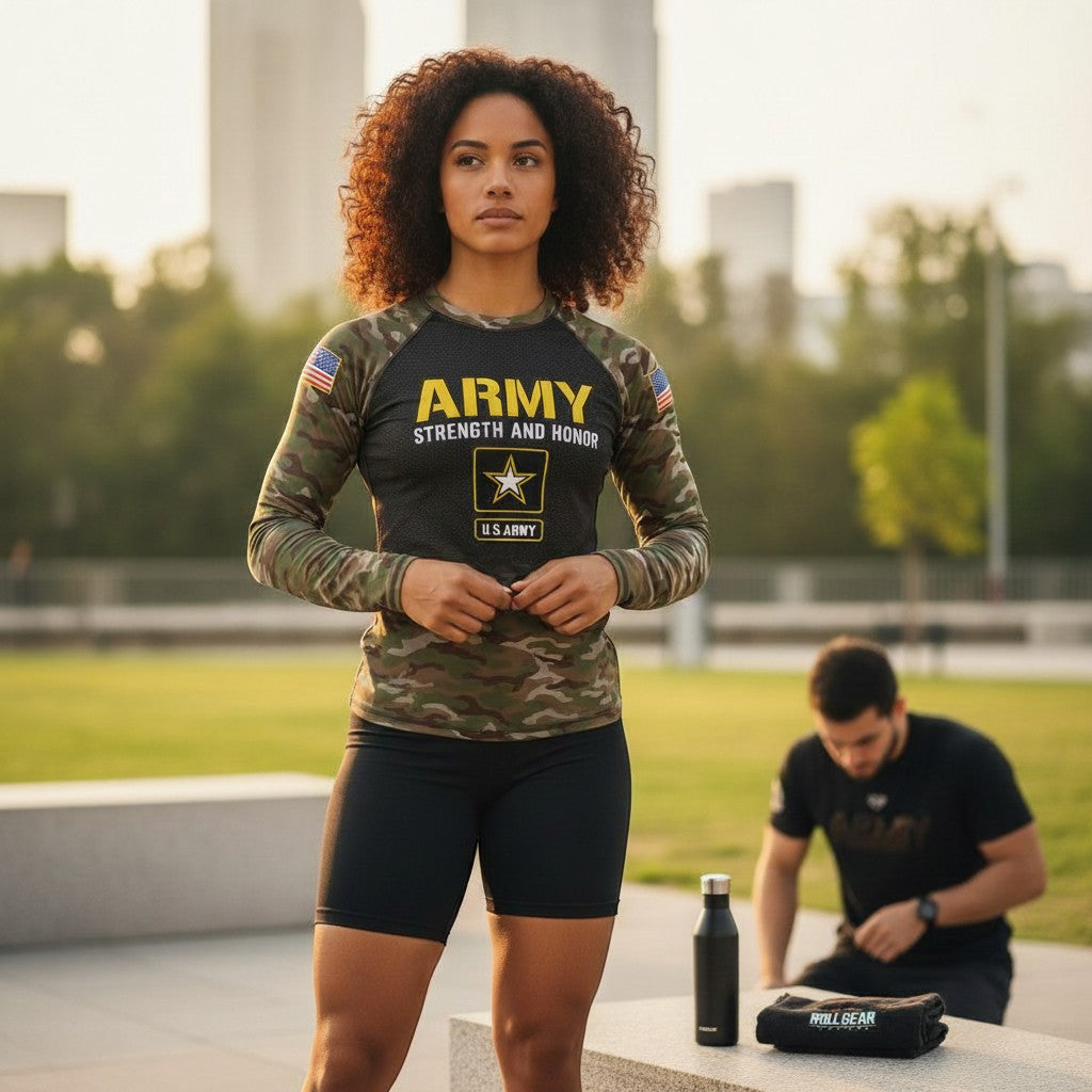 Roll Gear Women's Army Classic Long Sleeve Rash Guard with black body, camo sleeves, yellow U.S. Army lettering, and star emblem.