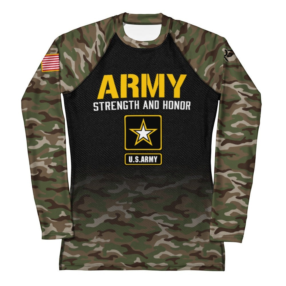 Roll Gear Women's Army long sleeve rash guard with black body, woodland camo sleeves, yellow U.S. Army lettering, and star emblem.
