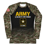 Roll Gear Women's Army long sleeve rash guard with black body, woodland camo sleeves, yellow U.S. Army lettering, and star emblem.
