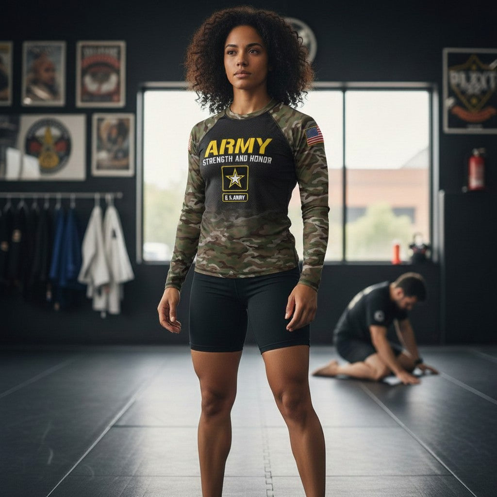 Roll Gear Women's Army Classic Long Sleeve Rash Guard with black body, woodland camo sleeves, yellow U.S. Army lettering, and star emblem.