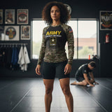 Roll Gear Women's Army Classic Long Sleeve Rash Guard with black body, woodland camo sleeves, yellow U.S. Army lettering, and star emblem.