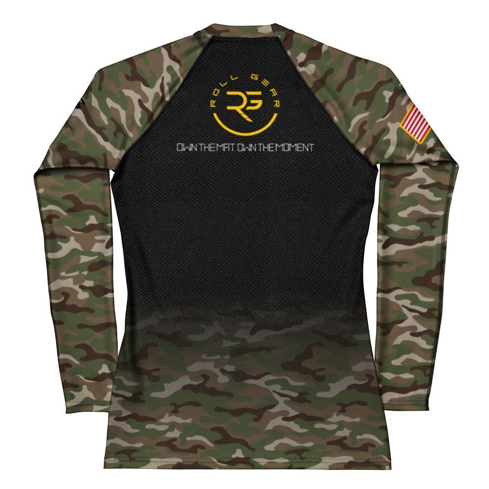 Roll Gear Women's Army Classic Long Sleeve Rash Guard with black body and woodland camo sleeves, featuring U.S. Army lettering and star emblem.